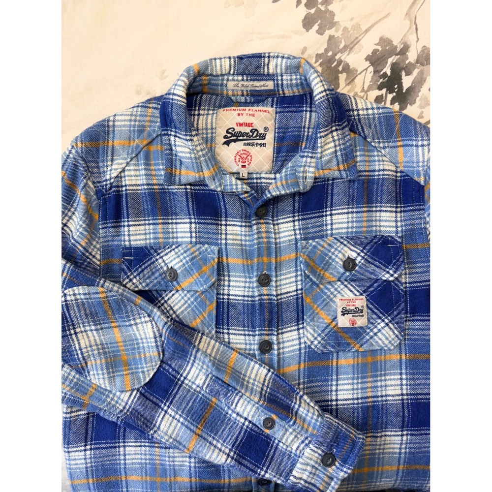 Superdry Vintage Premium Flannel Shirt Blue Orange Plaid Mens M40LE017F1